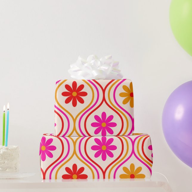 Papel De Presente Flores Retro Hippie em Ogee Laranja Rosa Vermelho (Presentes para festas)