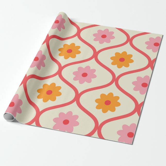 Papel De Presente Flores retrô laranja e rosa no padrão Ogee (Desenrolado)