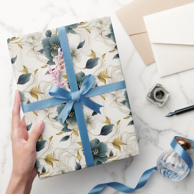 Papel De Presente Flores Românticas em Creme Verde Azul-turquesa (Presentear)