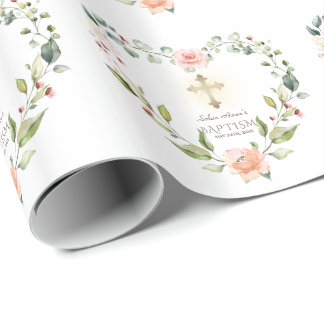 Papel De Presente Flores Rosa De Água Flores Douradas Batismo Entre