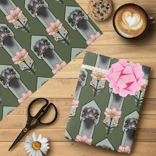 Papel De Presente Flores Rosa de Avestruz Verde Oliva Art Déco