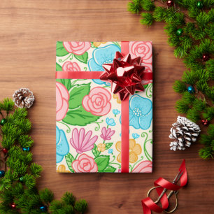 Papel De Presente Flores Rosa E Azul