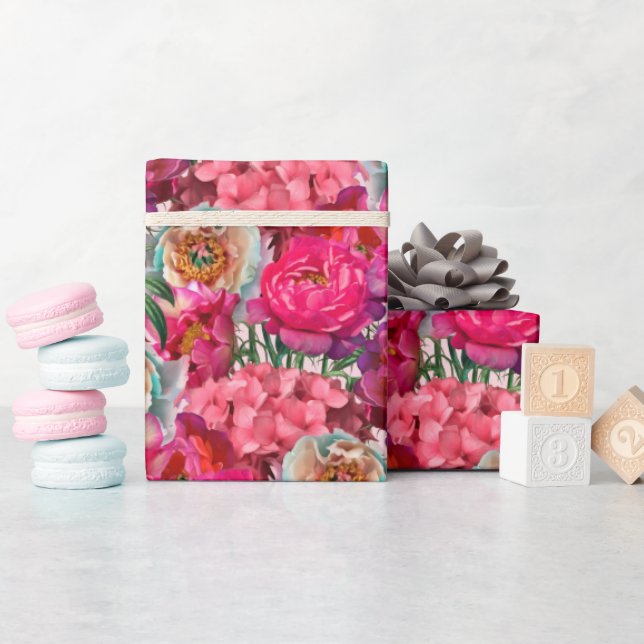 Papel De Presente Flores rosa e brancas de pedônia e Hydrangea (Chá de bebê)