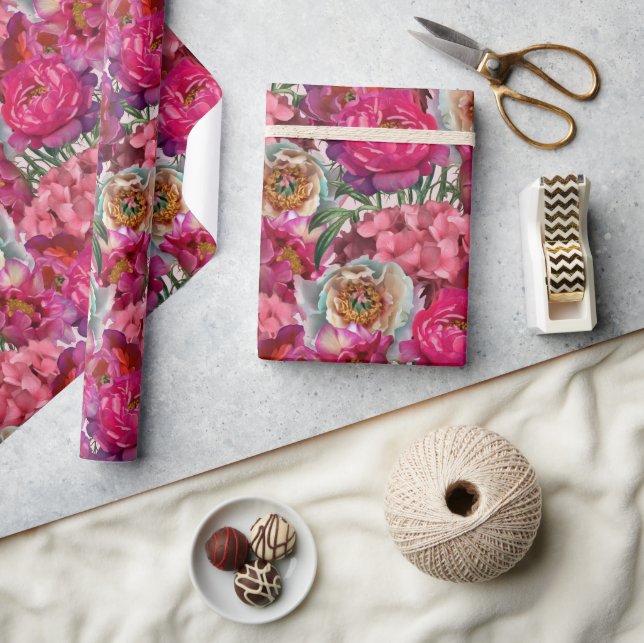 Papel De Presente Flores rosa e brancas de pedônia e Hydrangea (Artesanato)