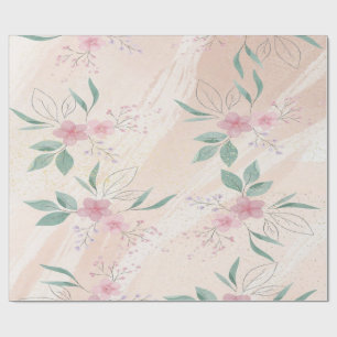 Papel De Presente Flores rosa e folhas verdes   Arte floral moderna