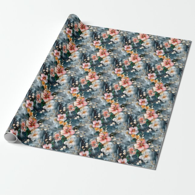 Papel De Presente Flores Rosa e Marfim em Mármore (Desenrolado)