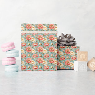 Papel De Presente Flores Rosa e Marfim no Turquesa