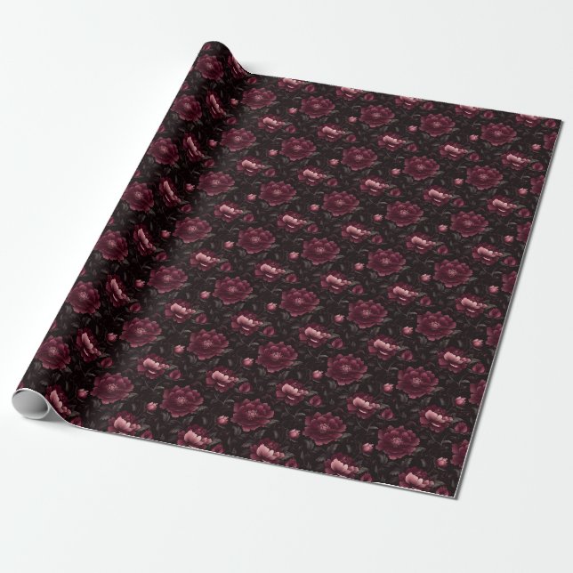 Papel De Presente Flores Rosa Escuro em Preto (Desenrolado)
