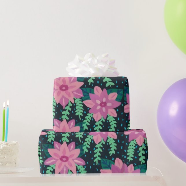 Papel De Presente Flores rosa no Impressão preto (Presentes para festas)