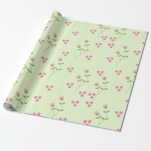 Papel De Presente Flores Rosa Simples num Fundo Verde de Pastel