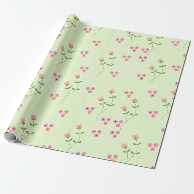 Papel De Presente Flores Rosa Simples num Fundo Verde de Pastel (Desenrolado)