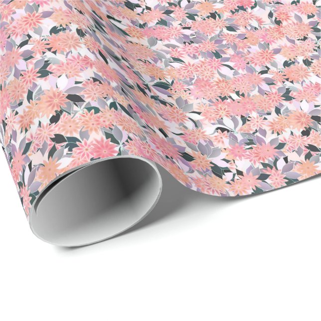Papel De Presente Flores rosa sobre fundo de folhas prateadas (Ponta do rolo)