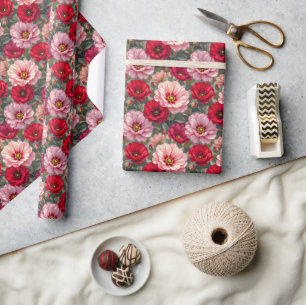 Papel De Presente Flores rosa, vermelhas e malva 