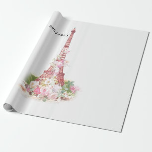 Papel De Presente Flores rosadas cinzentas Paris Torre Eiffel