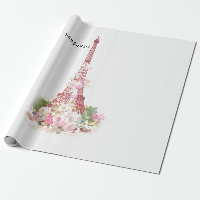 Papel De Presente Flores rosadas cinzentas Paris Torre Eiffel (Desenrolado)