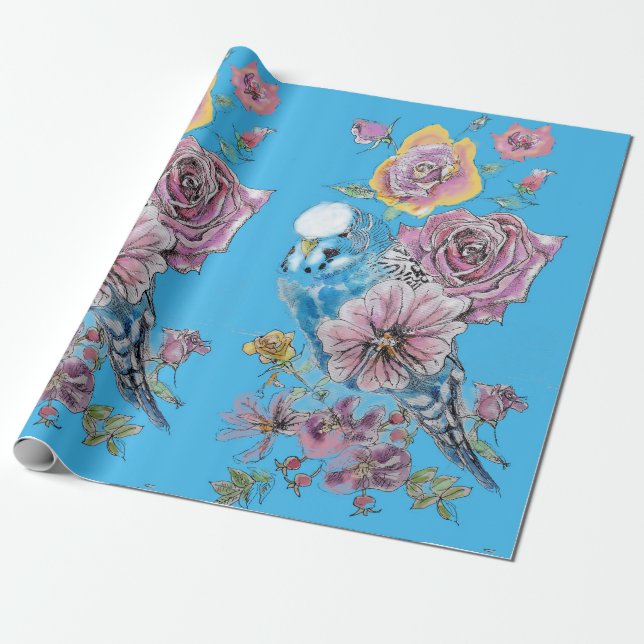 Papel De Presente Flores Rosas de arte Blue Budget Wraping Aquarela (Desenrolado)