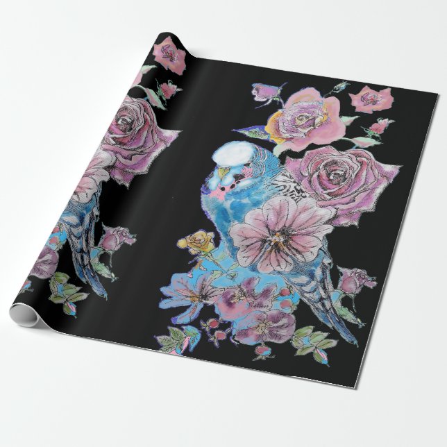 Papel De Presente Flores Rosas de arte Blue Budget Wraping Aquarela (Desenrolado)