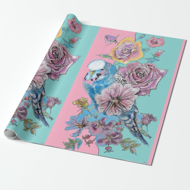 Papel De Presente Flores Rosas de arte Blue Budget Wraping Aquarela (Desenrolado)