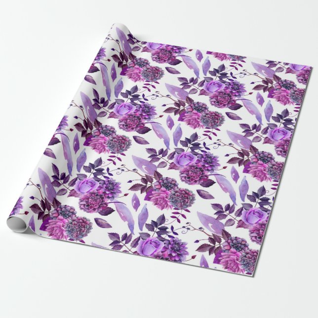 Papel De Presente Flores roxas aquarela Violeta floral Botânica (Desenrolado)