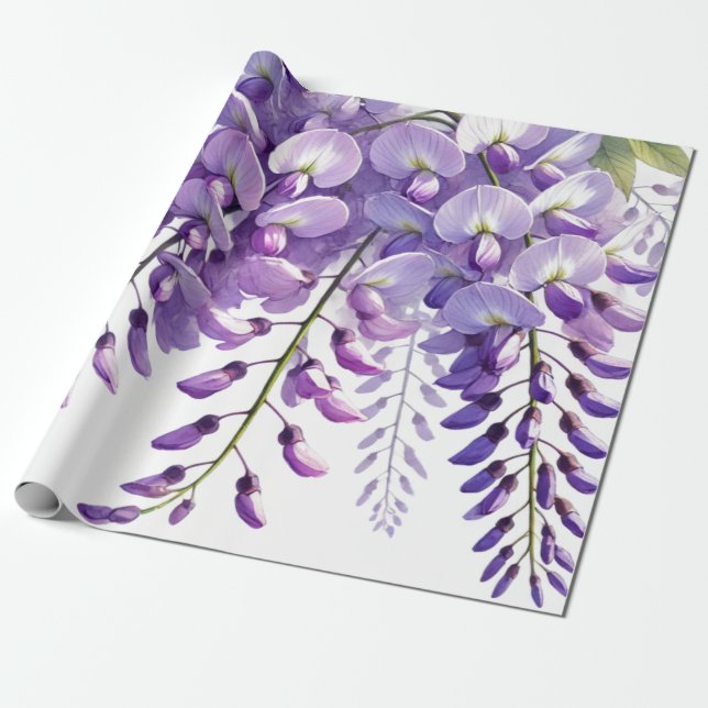 Papel De Presente Flores Roxas de Wisteria Flores Silvestres Aquarel (Desenrolado)