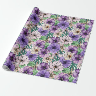 Papel De Presente Flores Roxas e Rosas