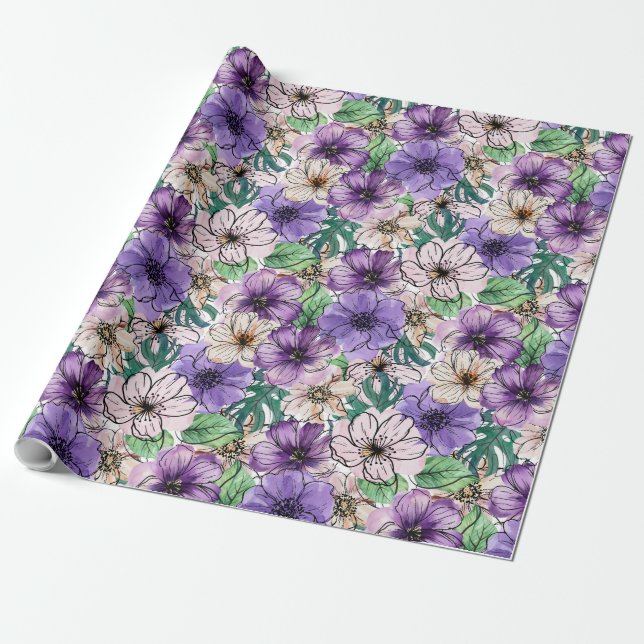 Papel De Presente Flores Roxas e Rosas   (Desenrolado)