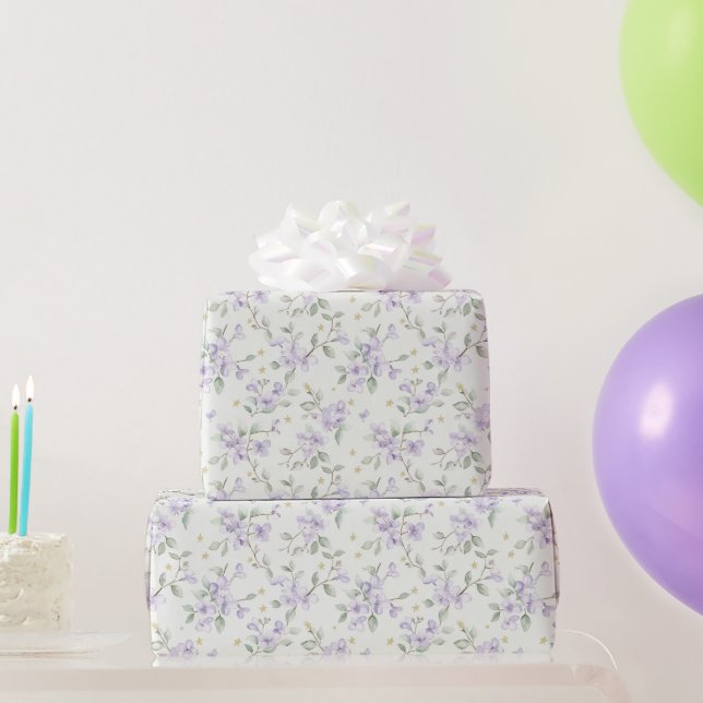 Papel De Presente Flores Roxas Estrelas Douradas Luas Aniversário (Presentes para festas)