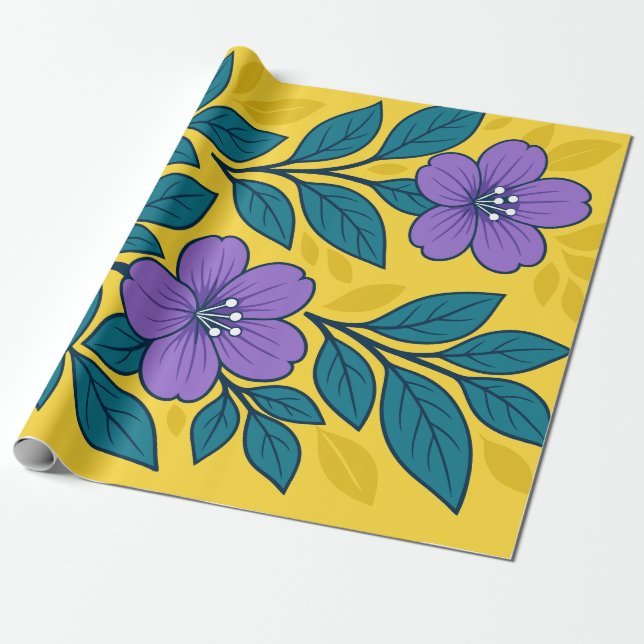 Papel De Presente Flores Roxas & Folhas Azul-Celeste em Fundo Amarel (Desenrolado)