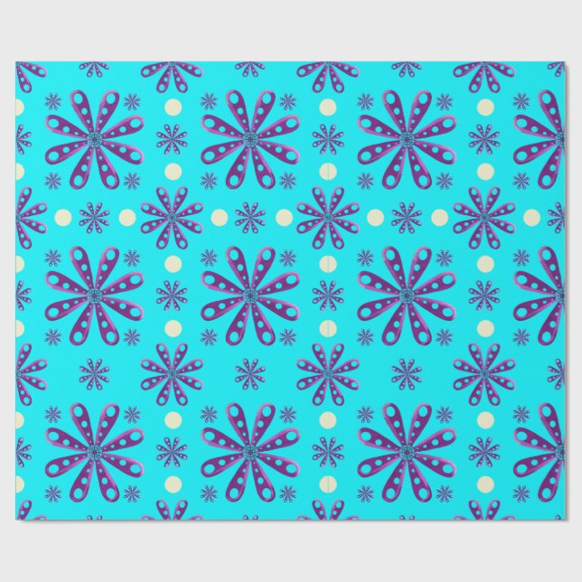 Papel De Presente Flores Roxas Retro em Fundo Azul (Aberto)