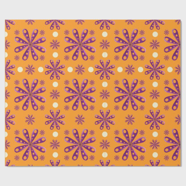 Papel De Presente Flores Roxas Retro em Fundo Laranja (Aberto)
