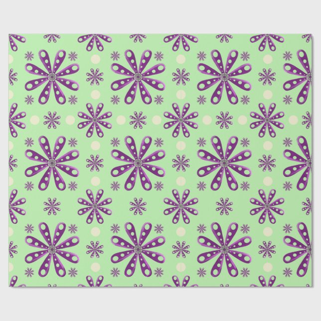 Papel De Presente Flores Roxas Retro em Fundo Verde (Aberto)