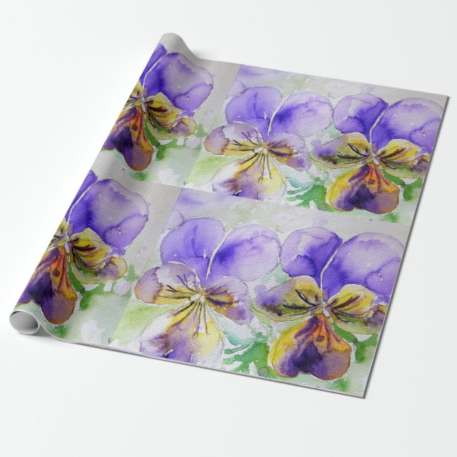 Papel De Presente Flores roxas Viola Pansy Molho de Aquarela (Desenrolado)