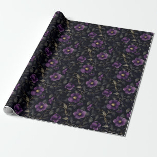 Papel De Presente Flores Roxos Escuros sobre Preto