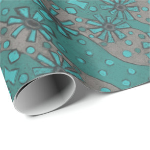 Papel De Presente Flores Rústicas, Abstrato Floral-Padrão-Teal Cinza