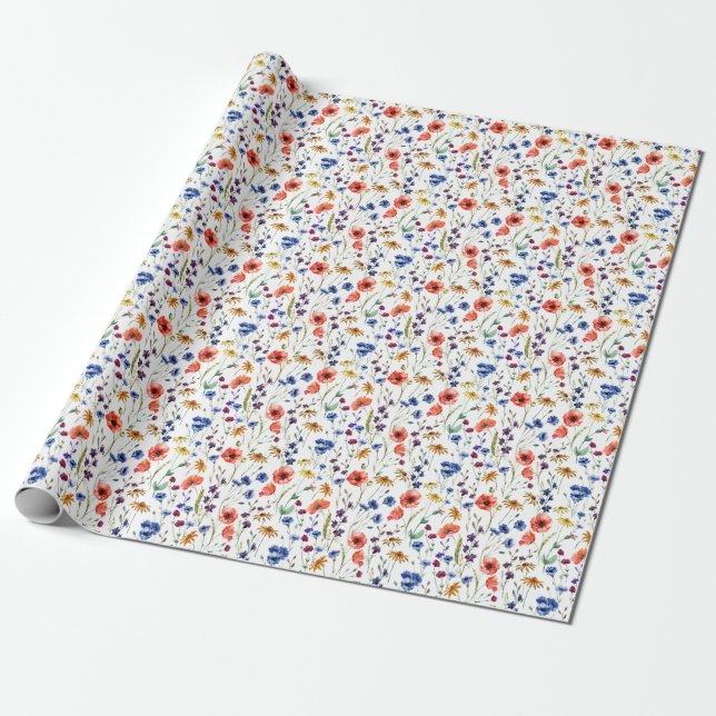 Papel De Presente Flores Selvagens Aquarelas Cachorro Poppy Chamomil (Desenrolado)