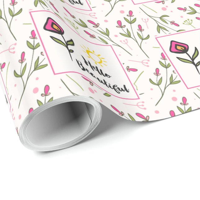 Papel De Presente Flores Selvagens Bonitas e Sol Olá Linda (Ponta do rolo)
