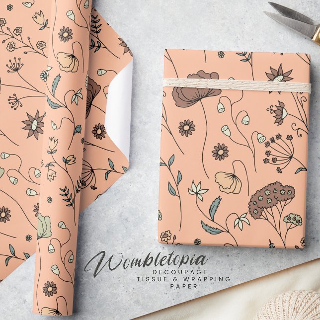 Papel De Presente Flores Selvagens Botânicas Pêssego Fuzz Com Sage V (Criador carregado)