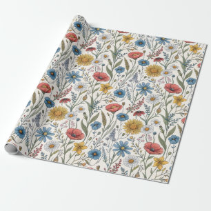 Papel De Presente Flores Silvestres Abstratas Encantadoras Azul Rosa