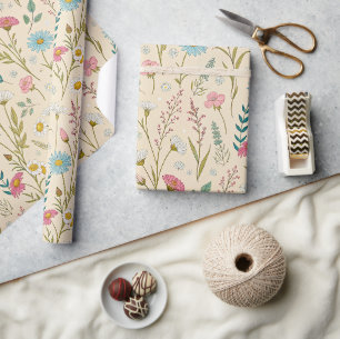 Papel De Presente Flores Silvestres Azuis e Rosas Arte de Prado Deli