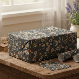 Papel De Presente Flores Silvestres Boho Aguarela Cinza Carvão
