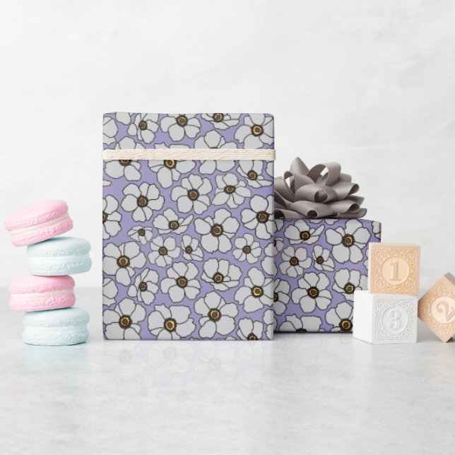Papel De Presente Flores Silvestres Brancas sobre Lavanda (Chá de bebê)