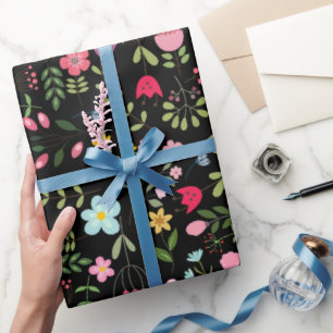 Papel De Presente Flores Silvestres de Primavera em Preto
