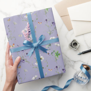 Papel De Presente Flores silvestres e borboletas em roxo
