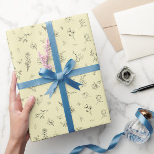 Papel De Presente Flores Silvestres Esboçadas em Amarelo Claro