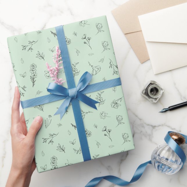 Papel De Presente Flores Silvestres Esboçadas em Verde Claro (Presentear)