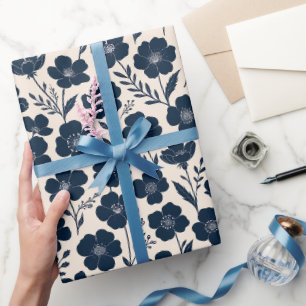 Papel De Presente Flores silvestres monocromáticas limpas em azul ma