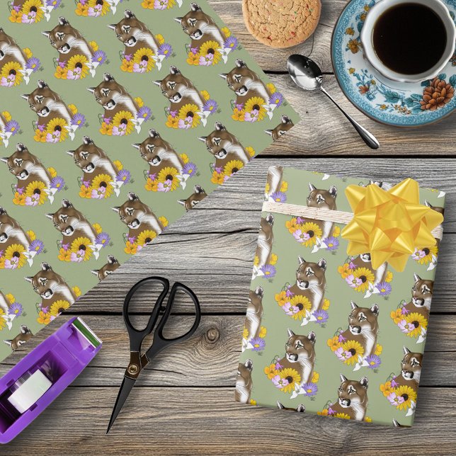 Papel De Presente Flores Silvestres Puma Leão-da-Montanha Cougar (Criador carregado)