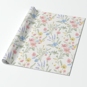 Papel De Presente Flores Silvestres Rosa Amarelo Azul Estilo Aquarel