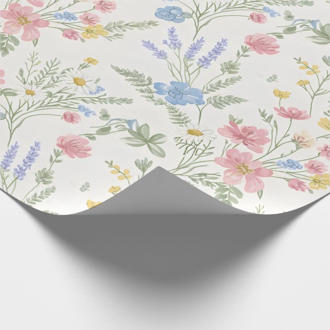 Papel De Presente Flores Silvestres Rosa Amarelo Azul Estilo Aquarel (Ponta)