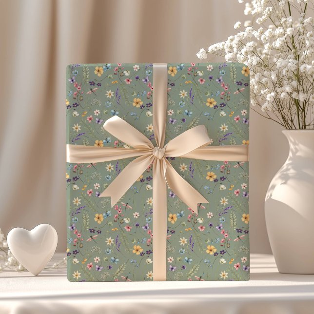 Papel De Presente Flores Silvestres Verde Salgueiro Boho Rústico Jar (Criador carregado)